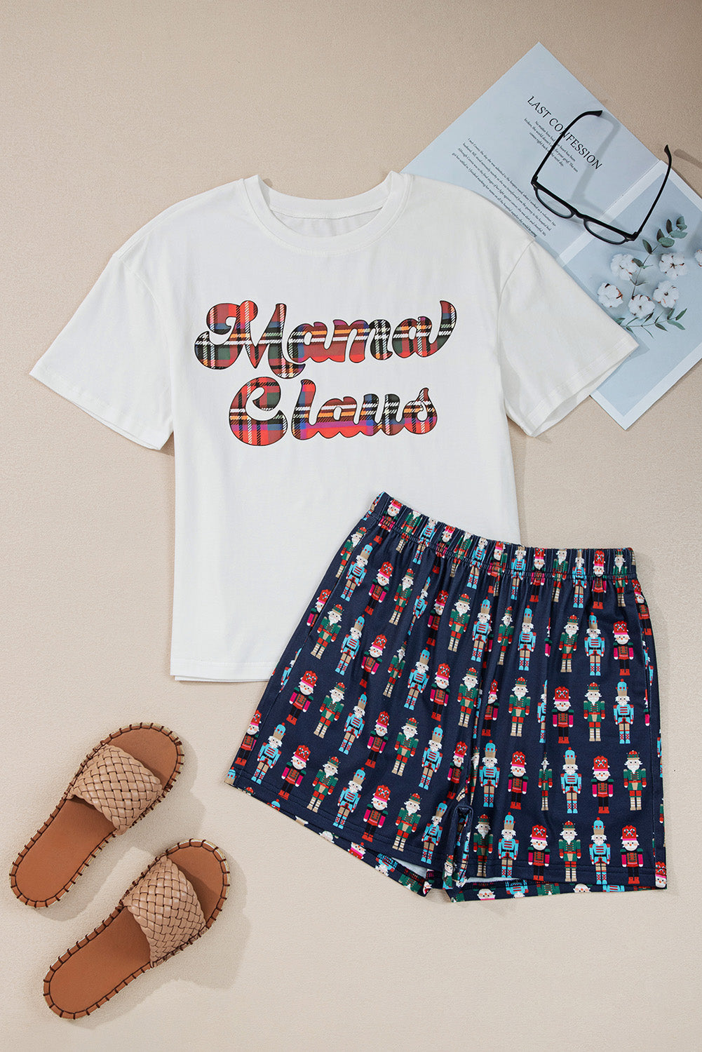 Pink Mama Claus Plaid Letter Tee Nutcracker Shorts Pyjama Set - eAura
