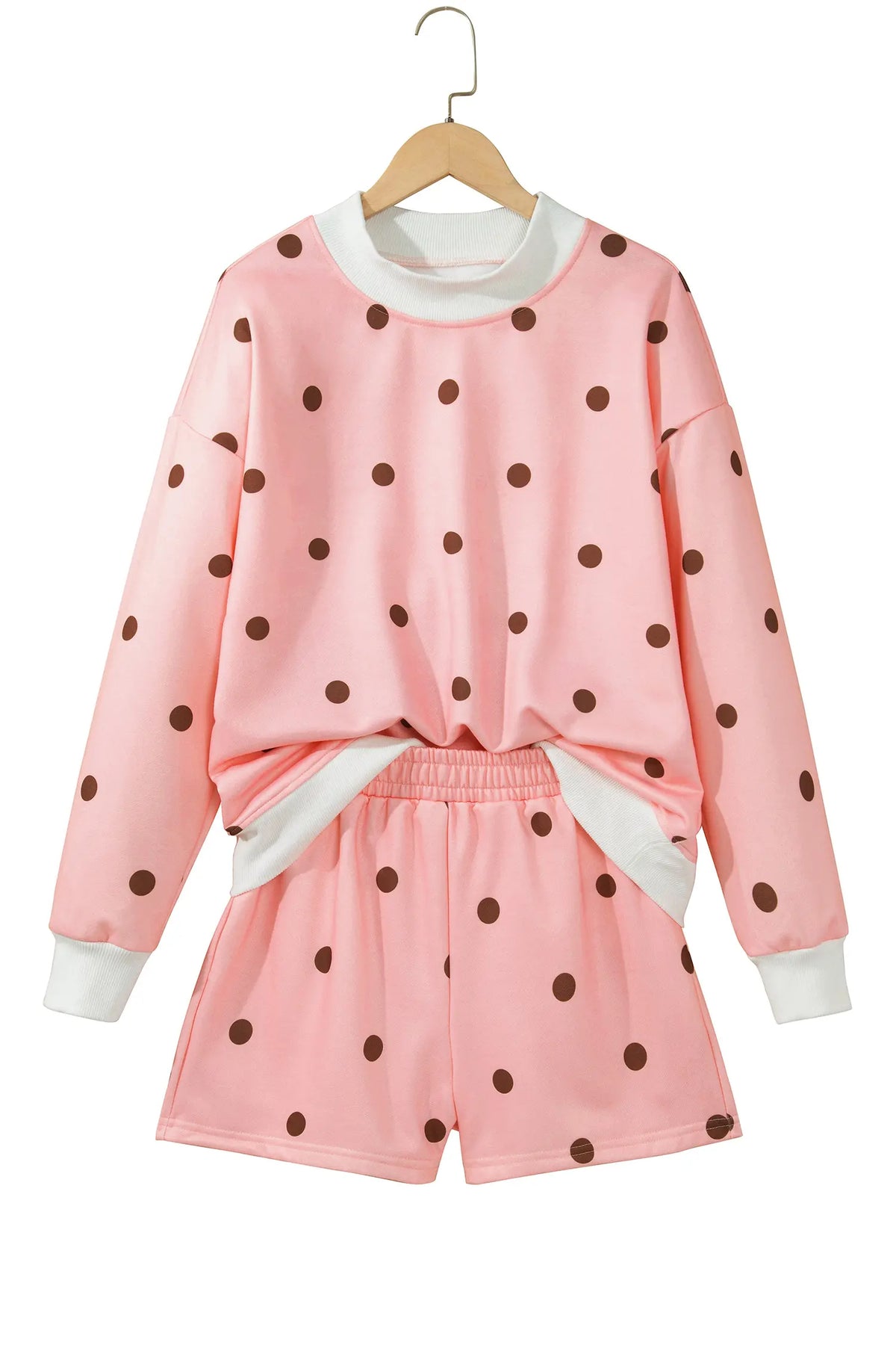 Polka Dot Ribbed Trim Long Sleeve Top Casual Short Set – Brown