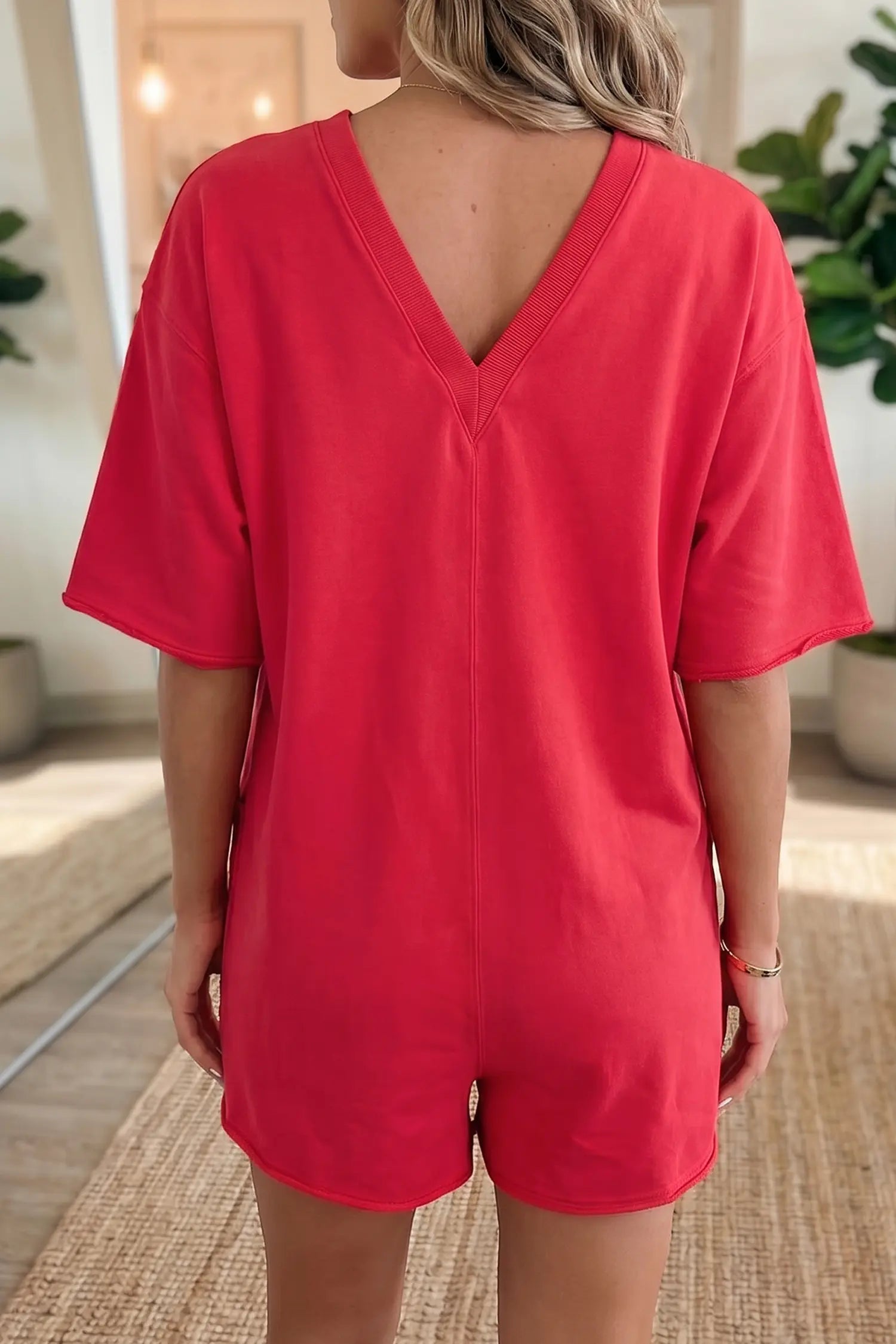 Fiery Red Solid Color Raw Edge Half Sleeve Pocketed Loose Romper