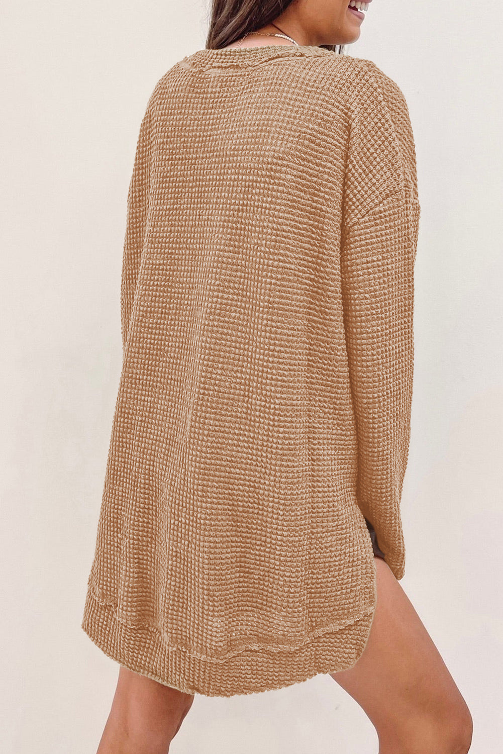 Khaki Waffle Knit High Slits Oversized Top - eAura