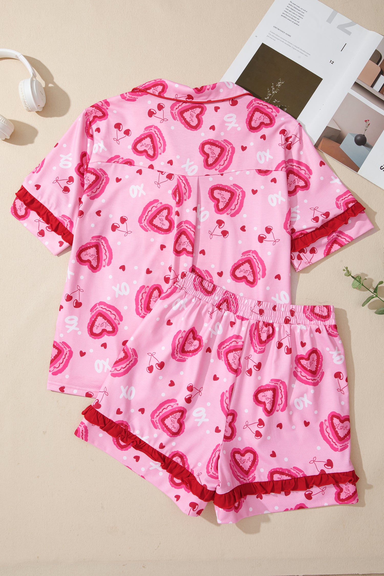 Sweet Heart Cake Print Contrast Ruffle Trim Valentines 2pcs Pajama Set – Pink