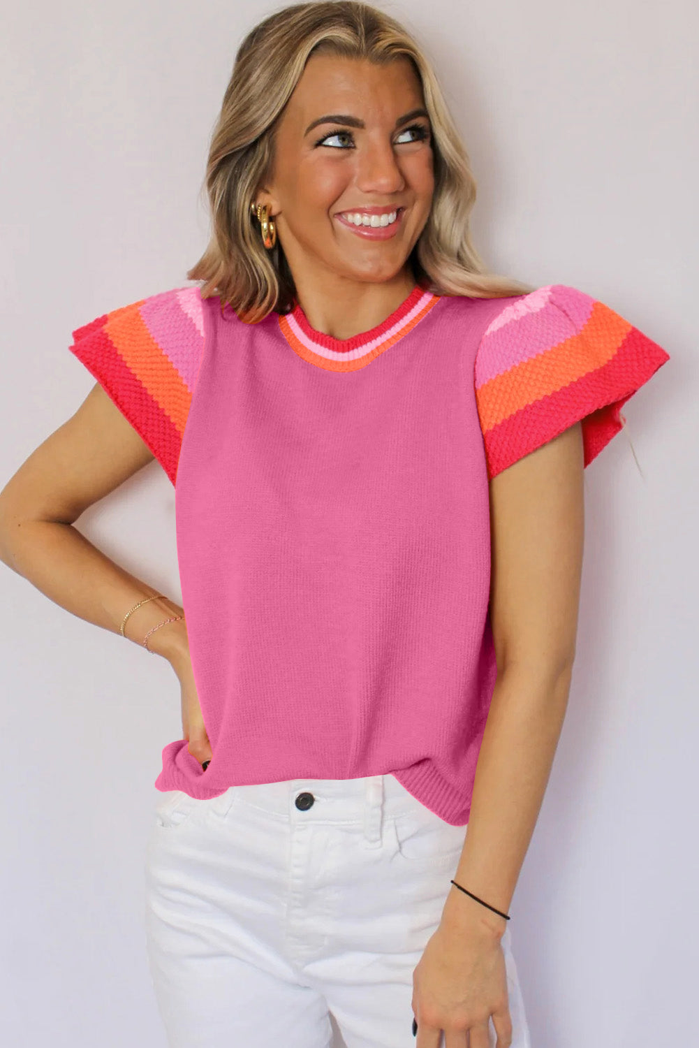 Turquoise Contrast Flutter Sleeves Knitted Sweater T Shirt eAura