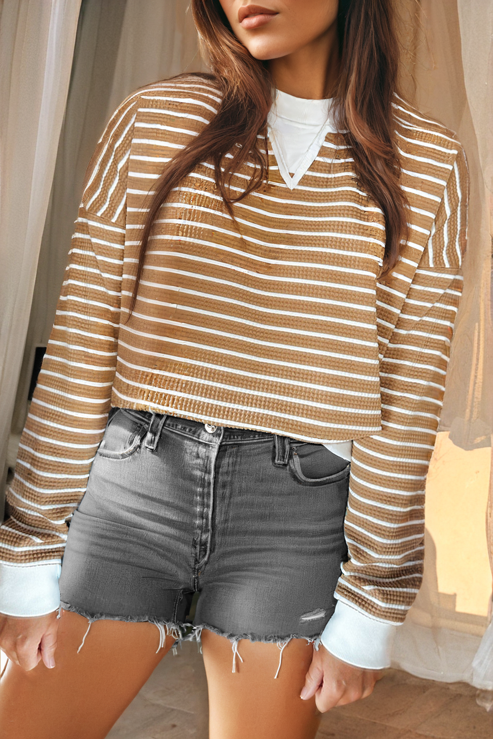 Khaki Stripe Patched Edge Textured Round Neck Long Sleeve Top eAura