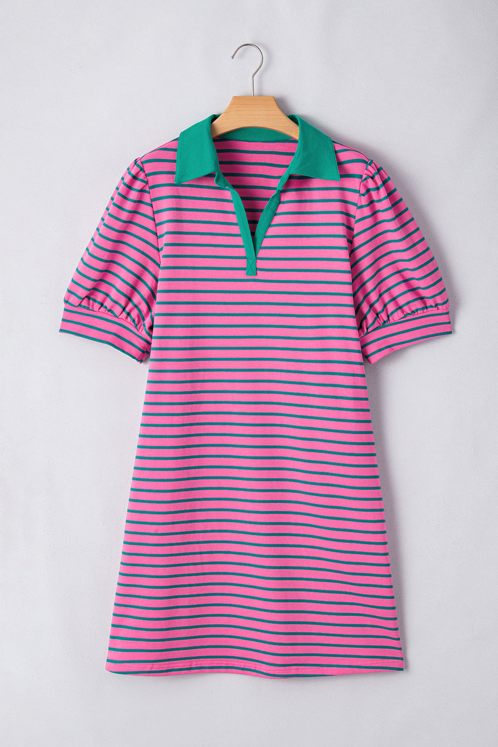 Rose Stripe Collared V Neck Puff Sleeve Shift T Shirt Dress with Pockets BB Fashion Outlet