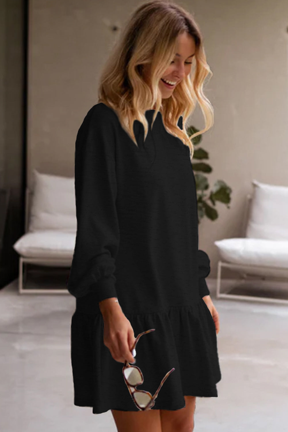 White Solid Colour Puff Sleeve Ruffle Hem Mini Dress eAura