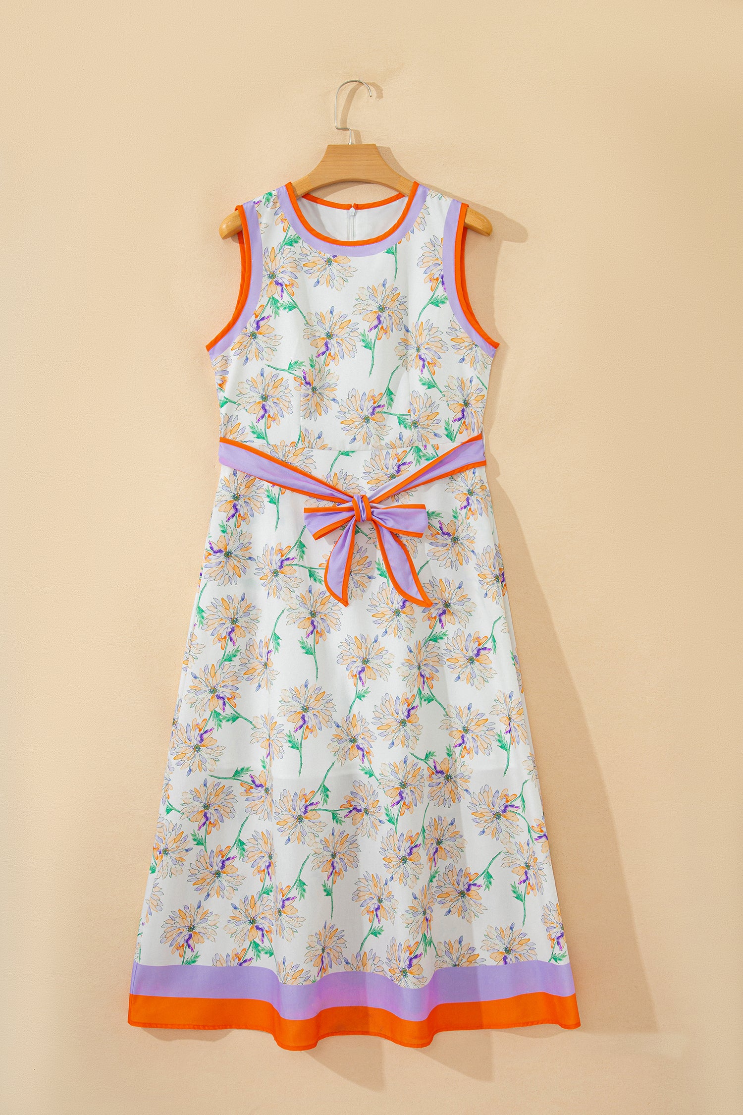 Floral Print Colour Block Trim Belted Sleeveless Maxi Dress