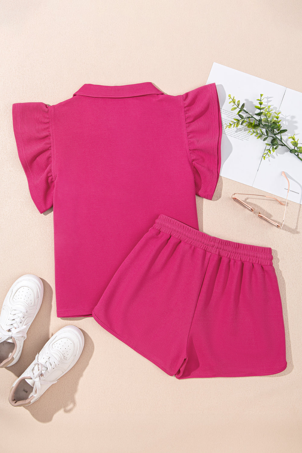 Strawberry Pink Striped Detail Flutter Sleeve Zipped Collar Short Set eAura