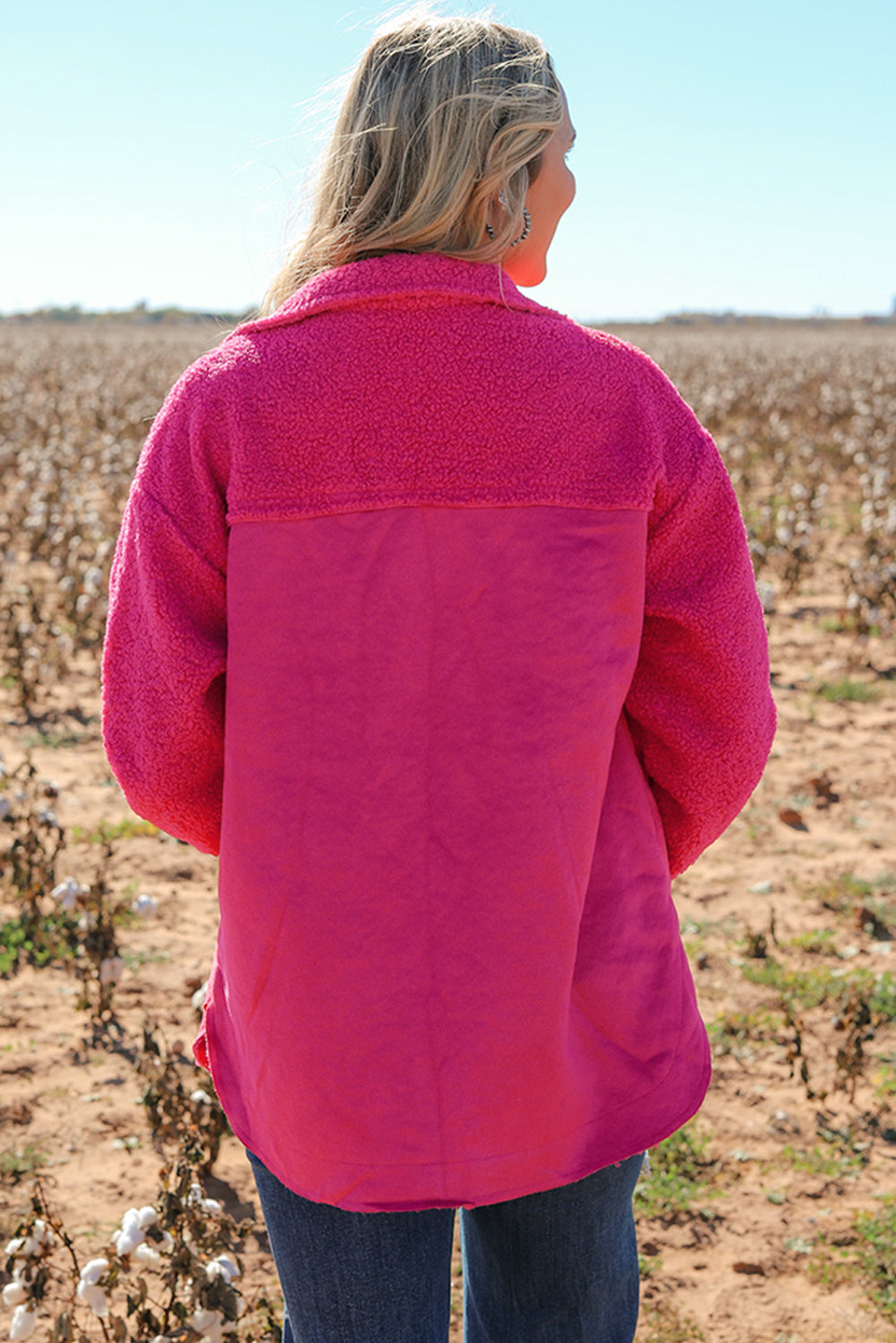 Bright Pink Faux Suede Sherpa Patchwork Button-up Shacket Beagle Boutique Fashion Outlet