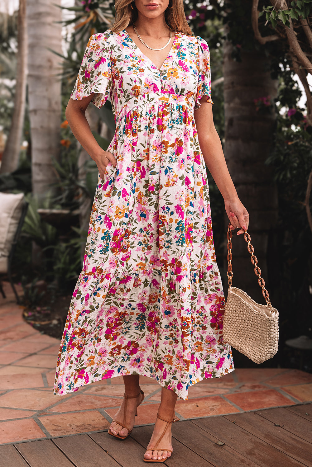Red Floral Short Sleeve V Neck High Waist Maxi Dress eAura