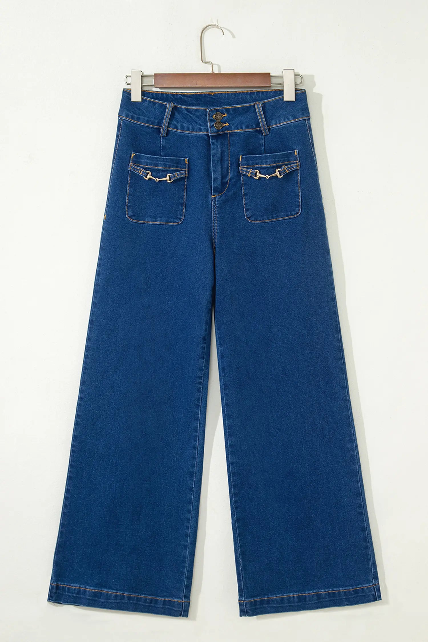 Sail Blue Hardware Decor Patched Pockets Wide Leg Denim Pants