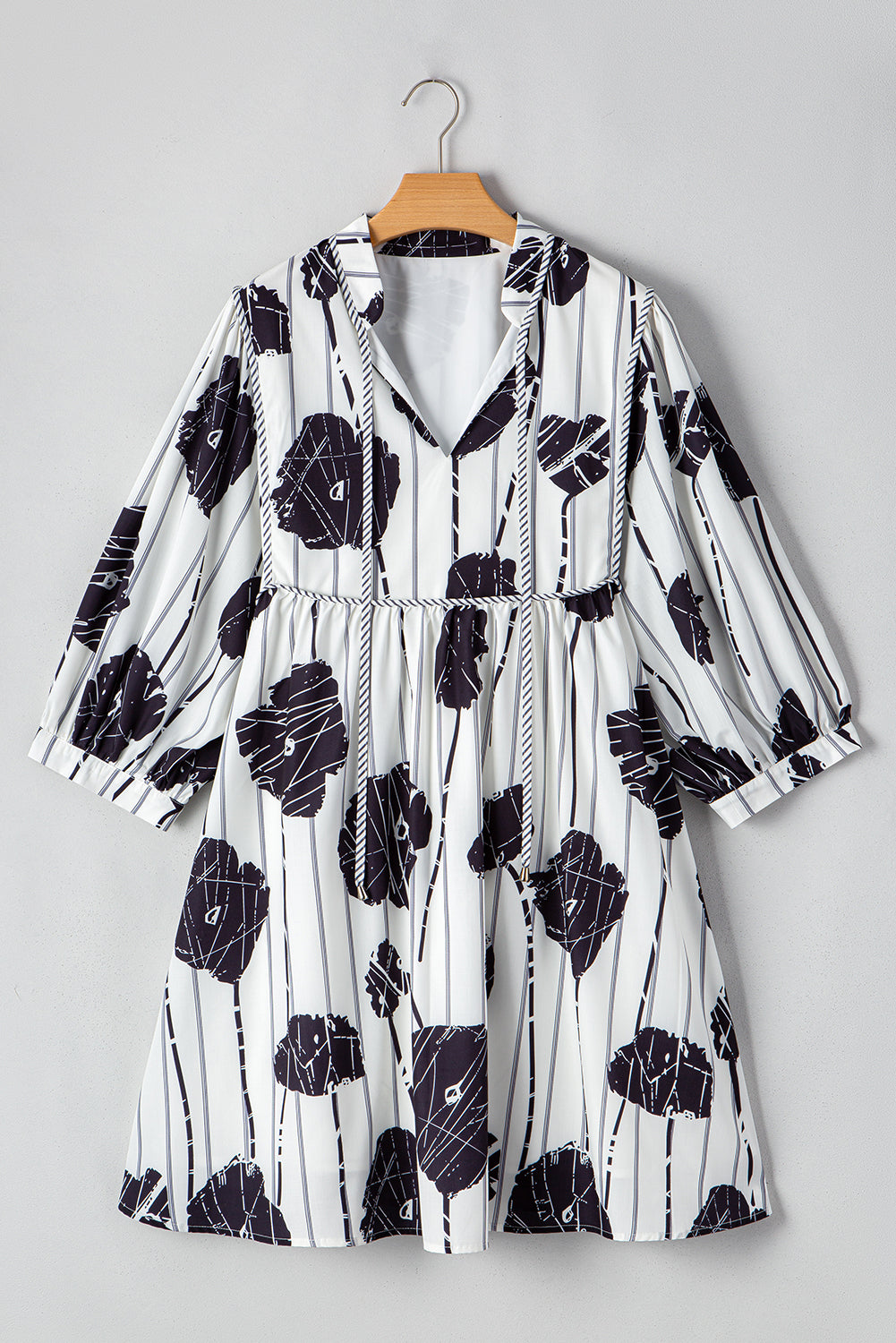 Black Plus Size Floral 3/4 Puff Sleeve Lace-up Neck Mini Dress BB Fashion Outlet