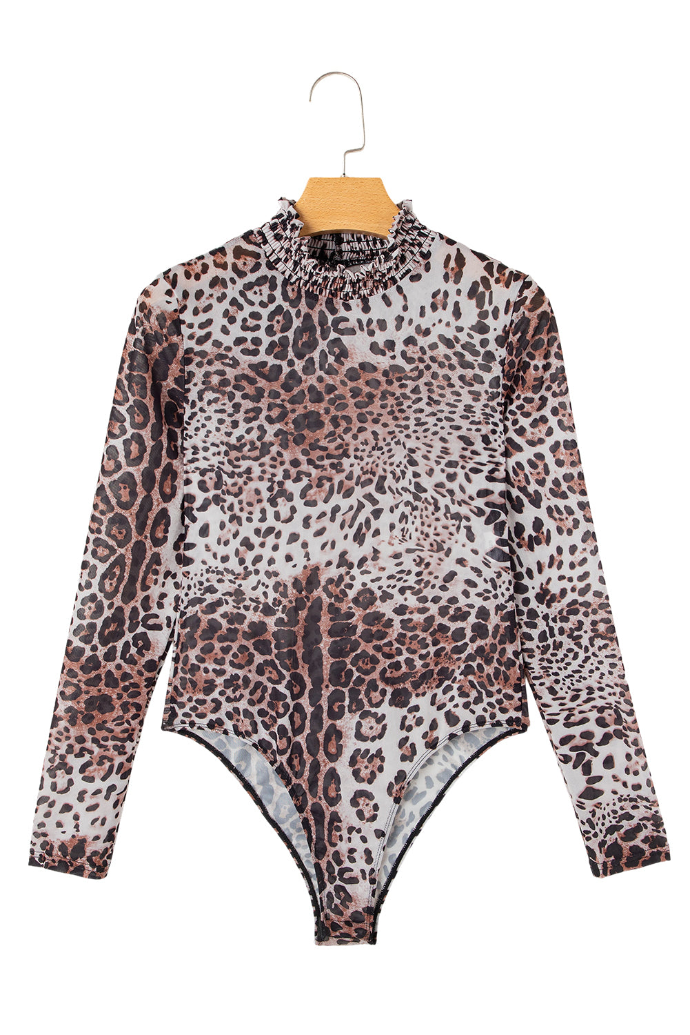 Brown Leopard Smocked Neck Mesh Long Sleeve Bodysuit - Tops/Bodysuits