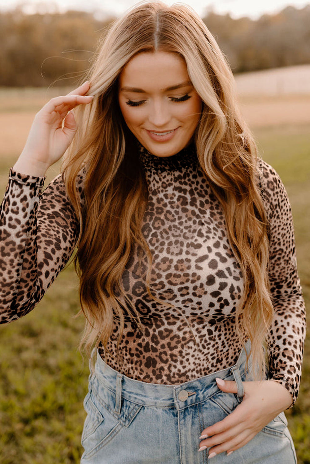 Brown Leopard Smocked Neck Mesh Long Sleeve Bodysuit eAura