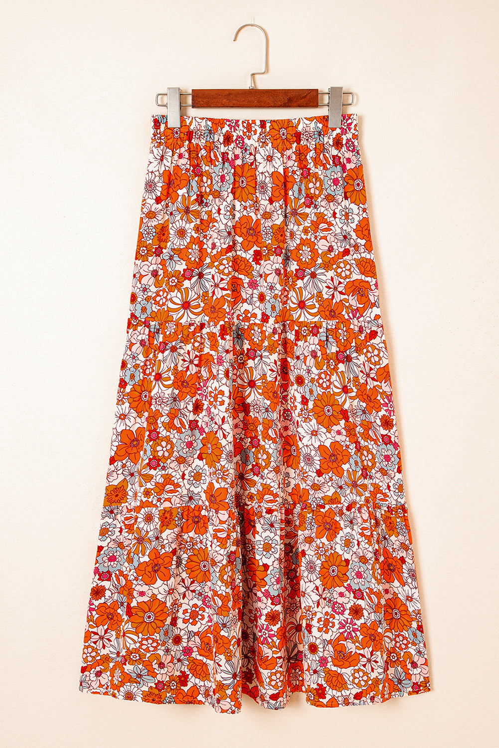 Blue Bohemian Floral Print Tiered Maxi Skirt with Split