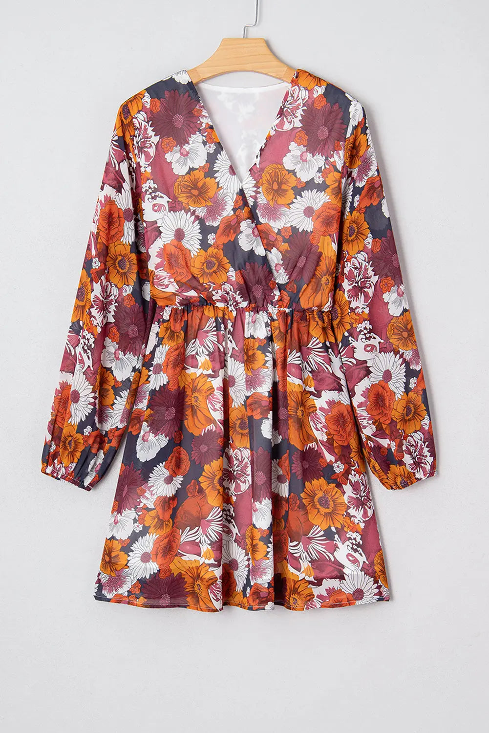 Floral Print Wrap V-Neck Puff Sleeve Flowy Mini Dress - Dresses/Floral Dresses