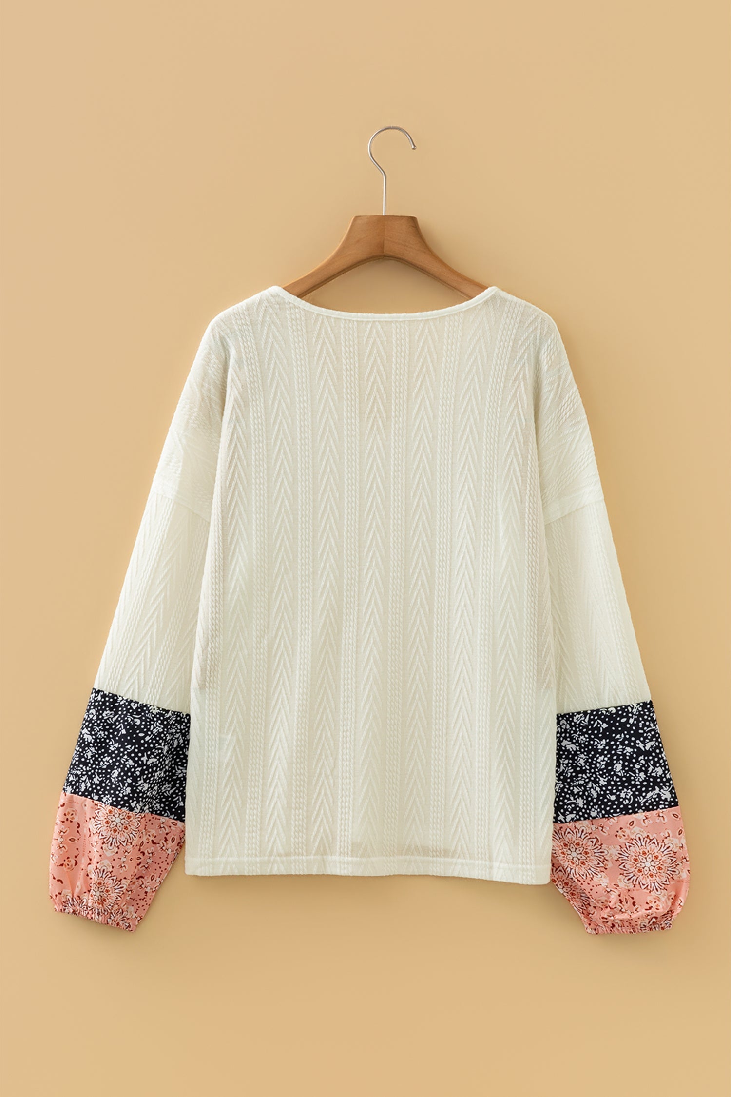 Floral Patchwork Textured Knit Drawstring V Neck Blouse - eAura