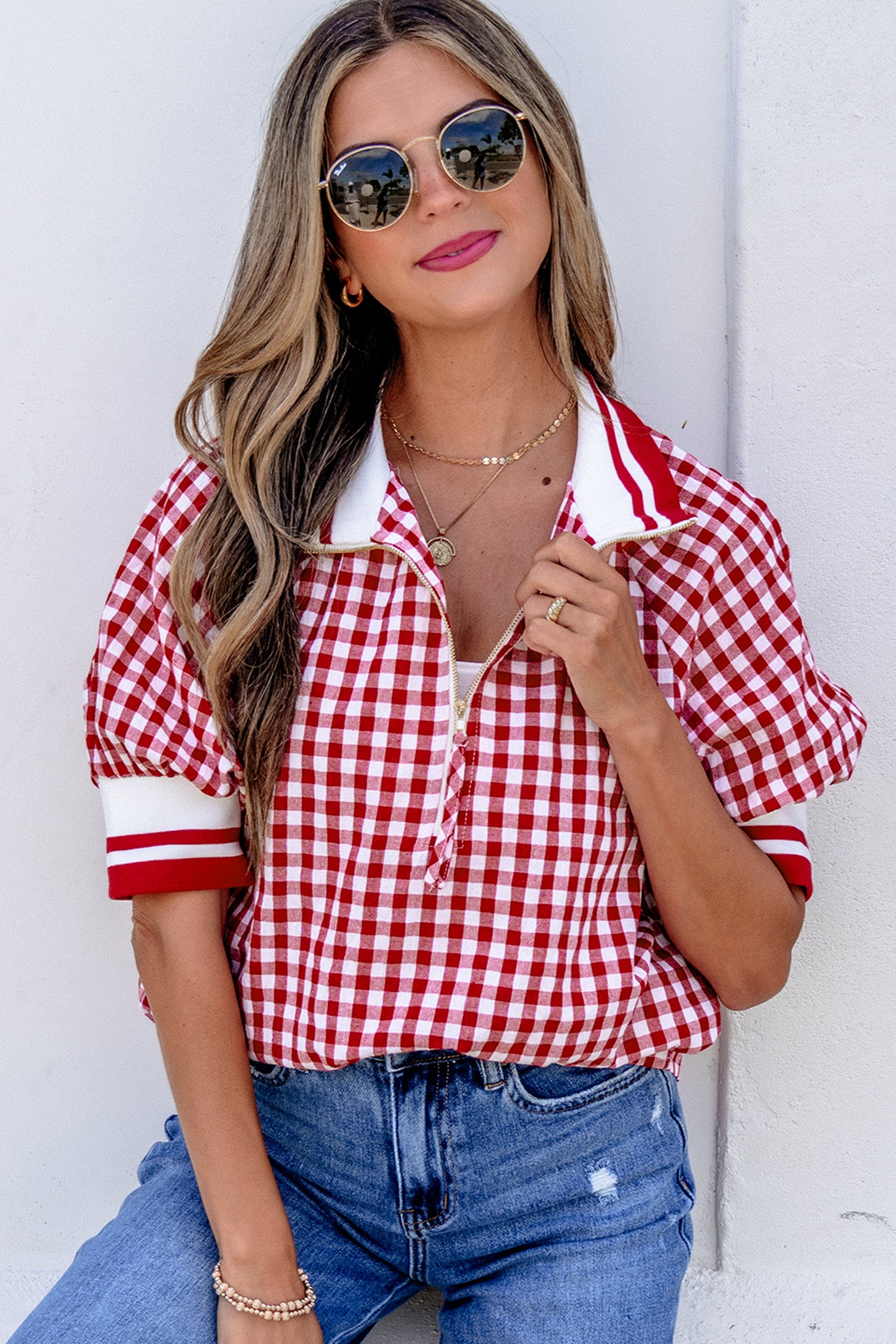 Gingham Striped Patchwork Half Zip Blouse – Red