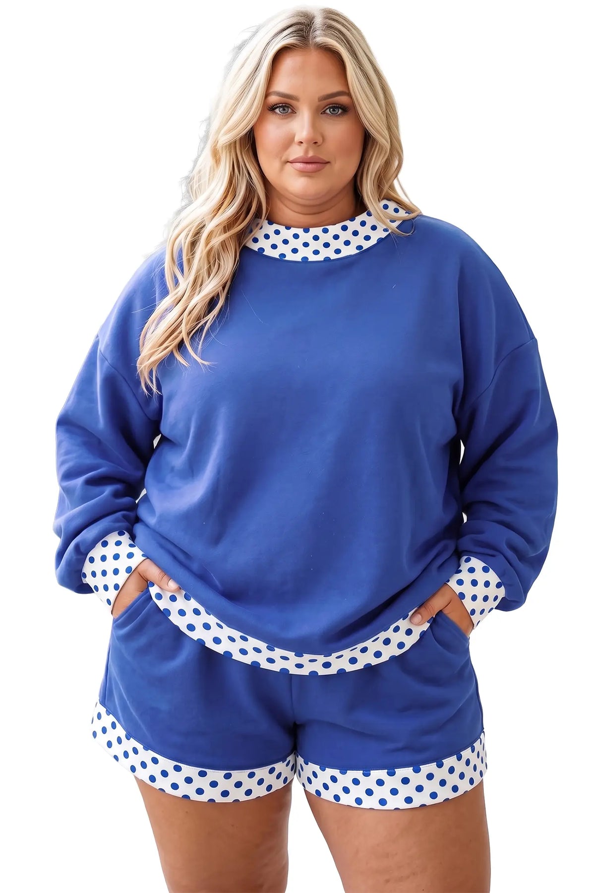 Two-piece Polka Dot Patchwork Loungewear Set — Long Sleeve Plus Size