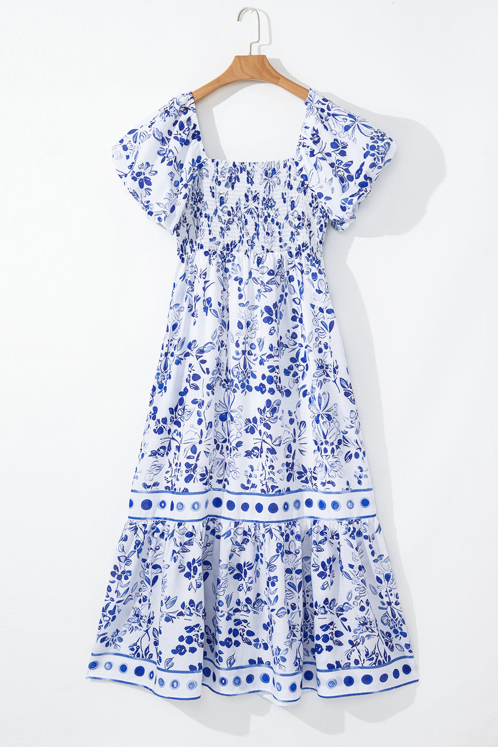 Sky Blue Floral Print Square Neck Bubble Sleeve High Waist Maxi Dress eAura