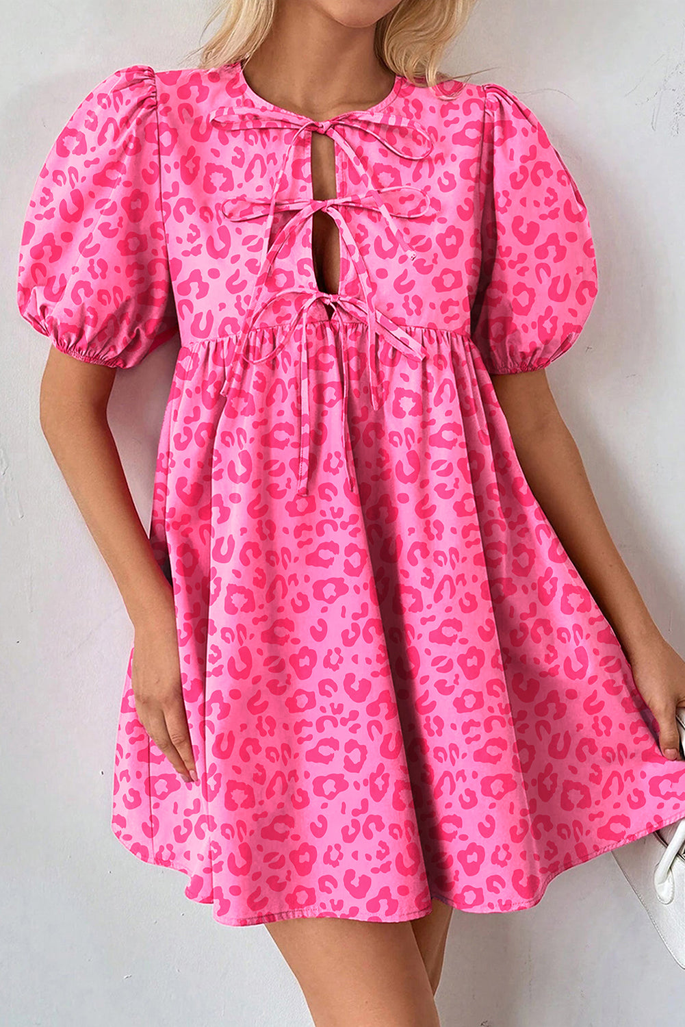 Rose Leopard Puff Sleeve Tie Front High Waist Mini Dress eAura