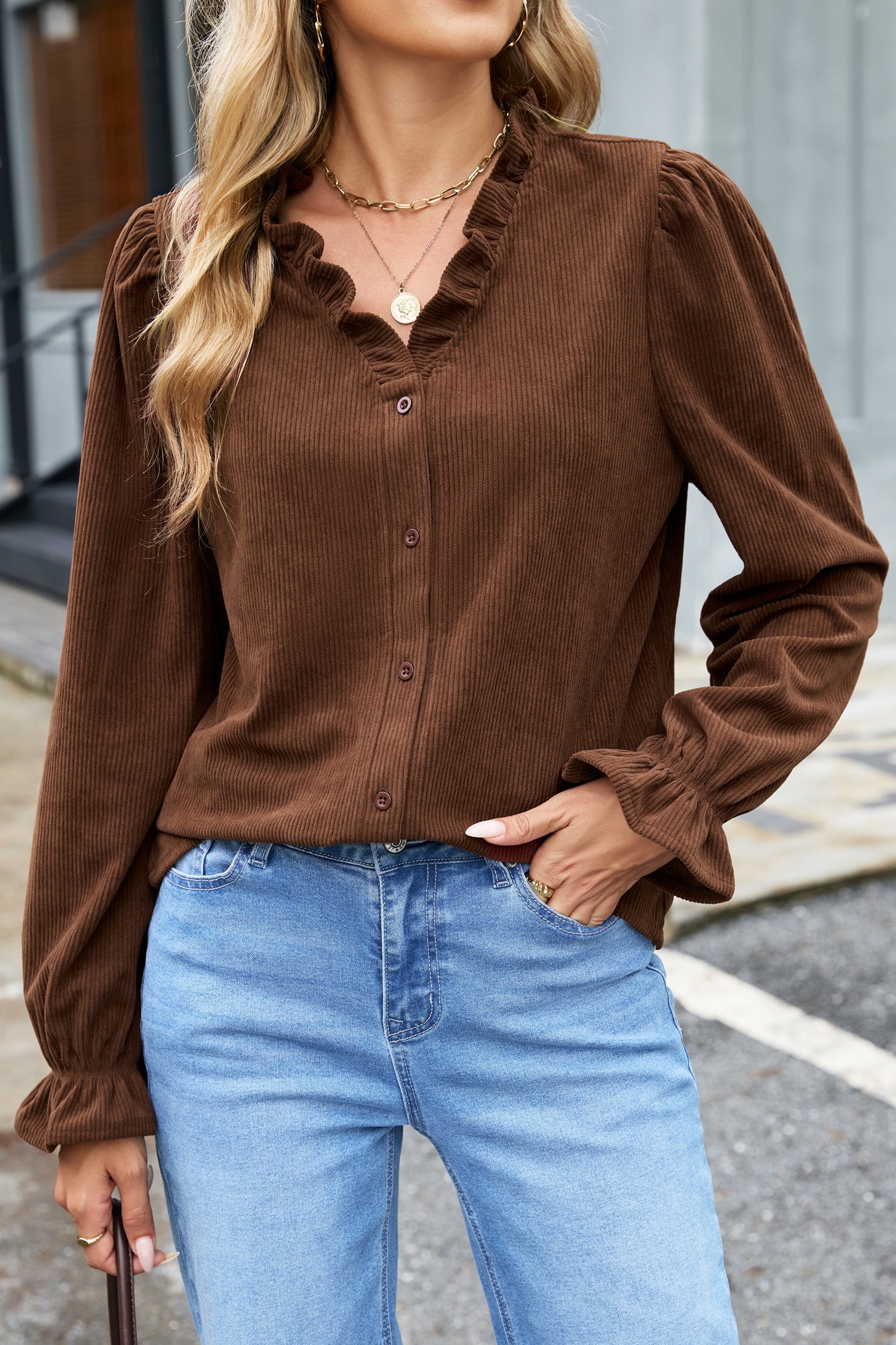 Coffee Solid Color Ruffle Trim V Neck Long Sleeve Button Corduroy Shakcet – Brown