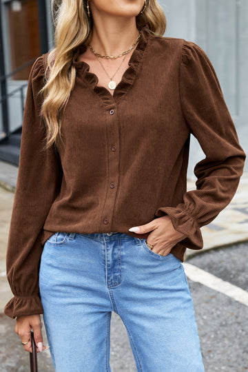 Coffee Solid Color Ruffle Trim V Neck Long Sleeve Button Corduroy Shakcet – Brown