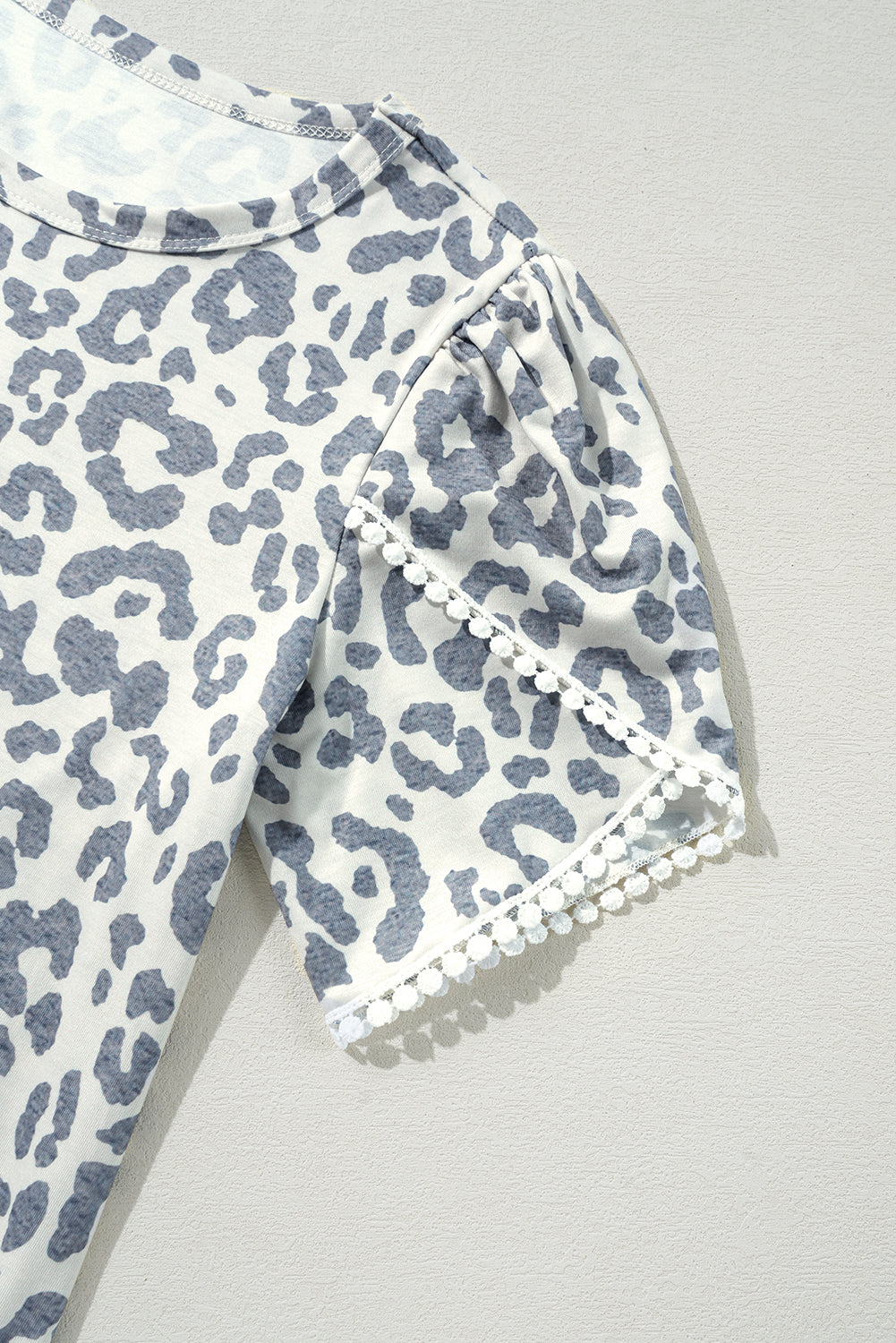 Beige Leopard Round Neck Lace Trim Petal Sleeve T Shirt - eAura
