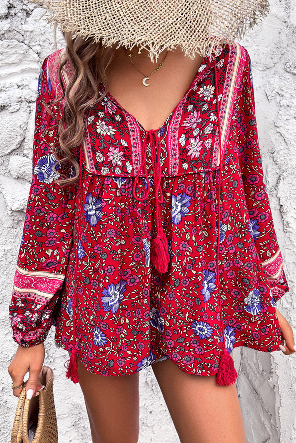 Traditional Print Tassel Tie Front Blouse - eAura
