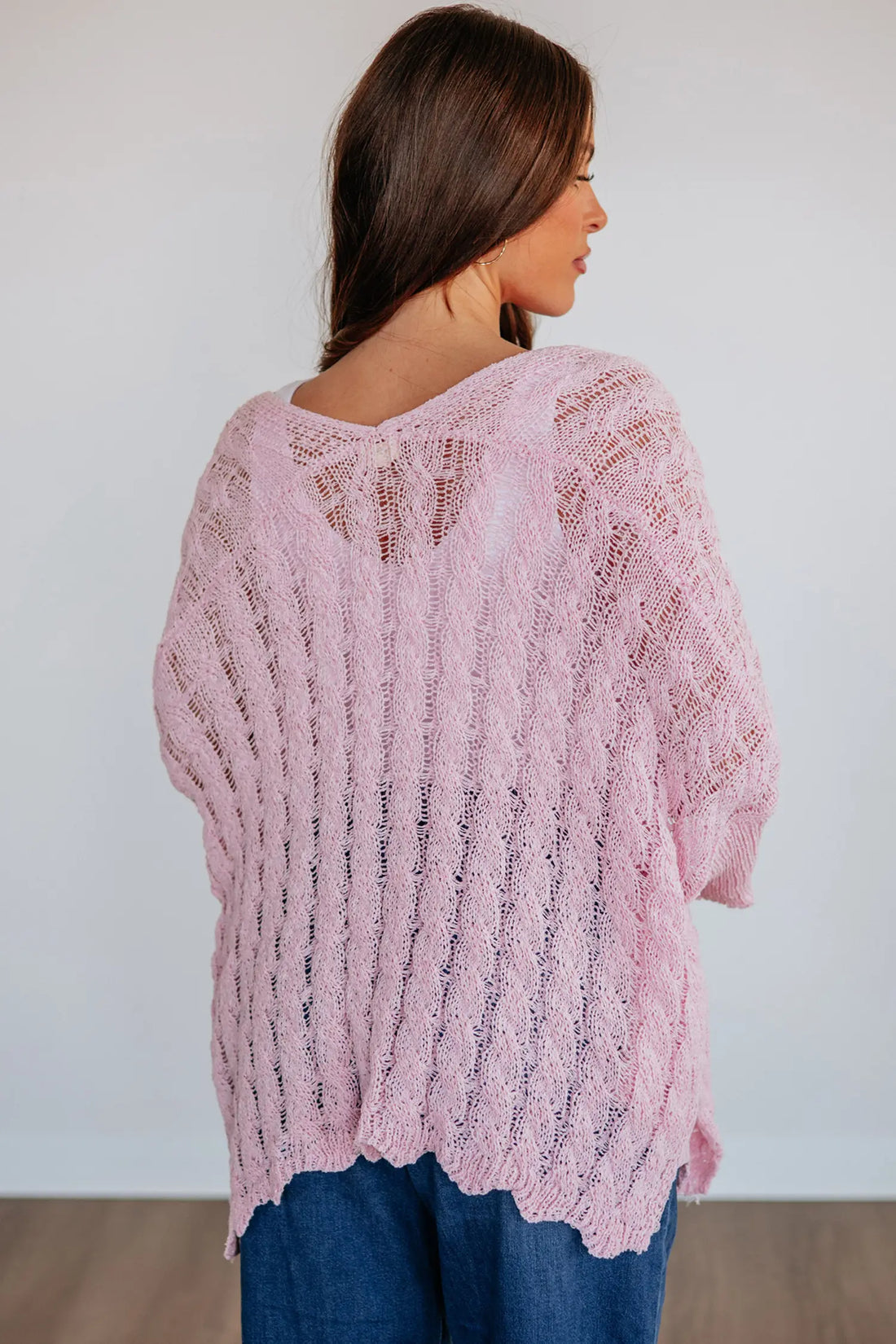 Hollowed Pattern Knit Drop Shoulder Open Sweater Cardigan – Pink
