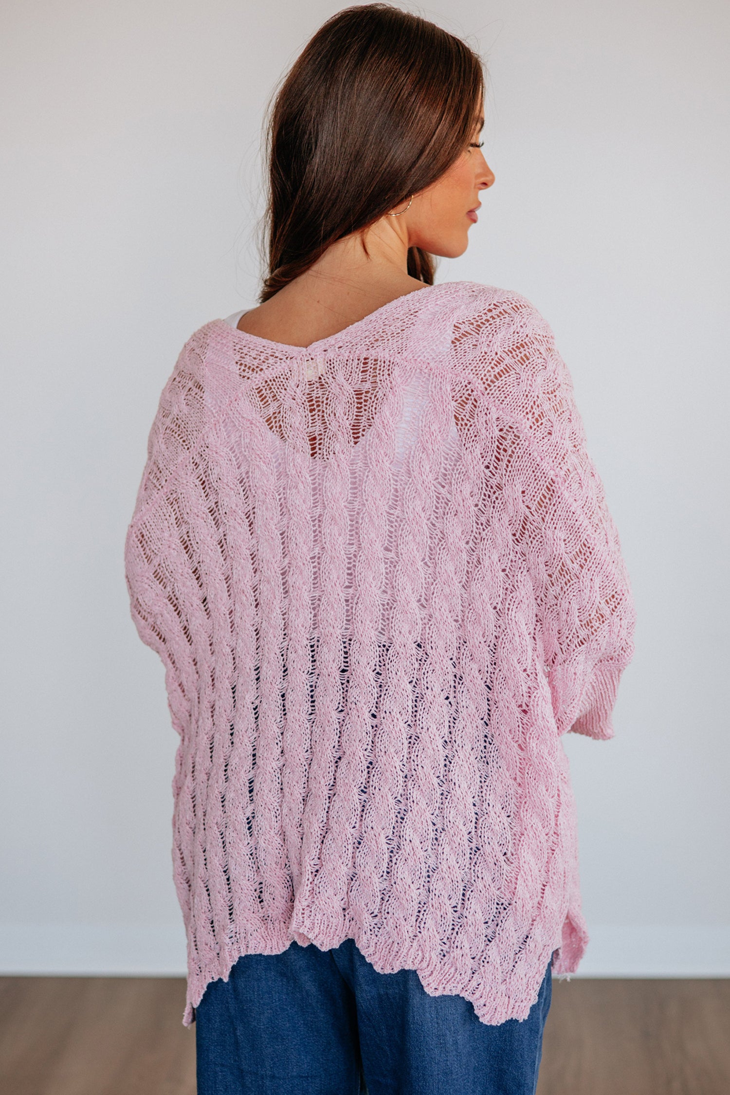 Hollowed Pattern Knit Drop Shoulder Open Sweater Cardigan – Pink