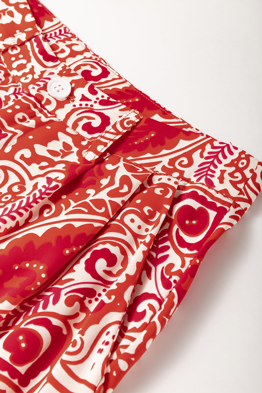 Red Paisley Printed Buttoned High Waist Straight Leg Trousers eAura