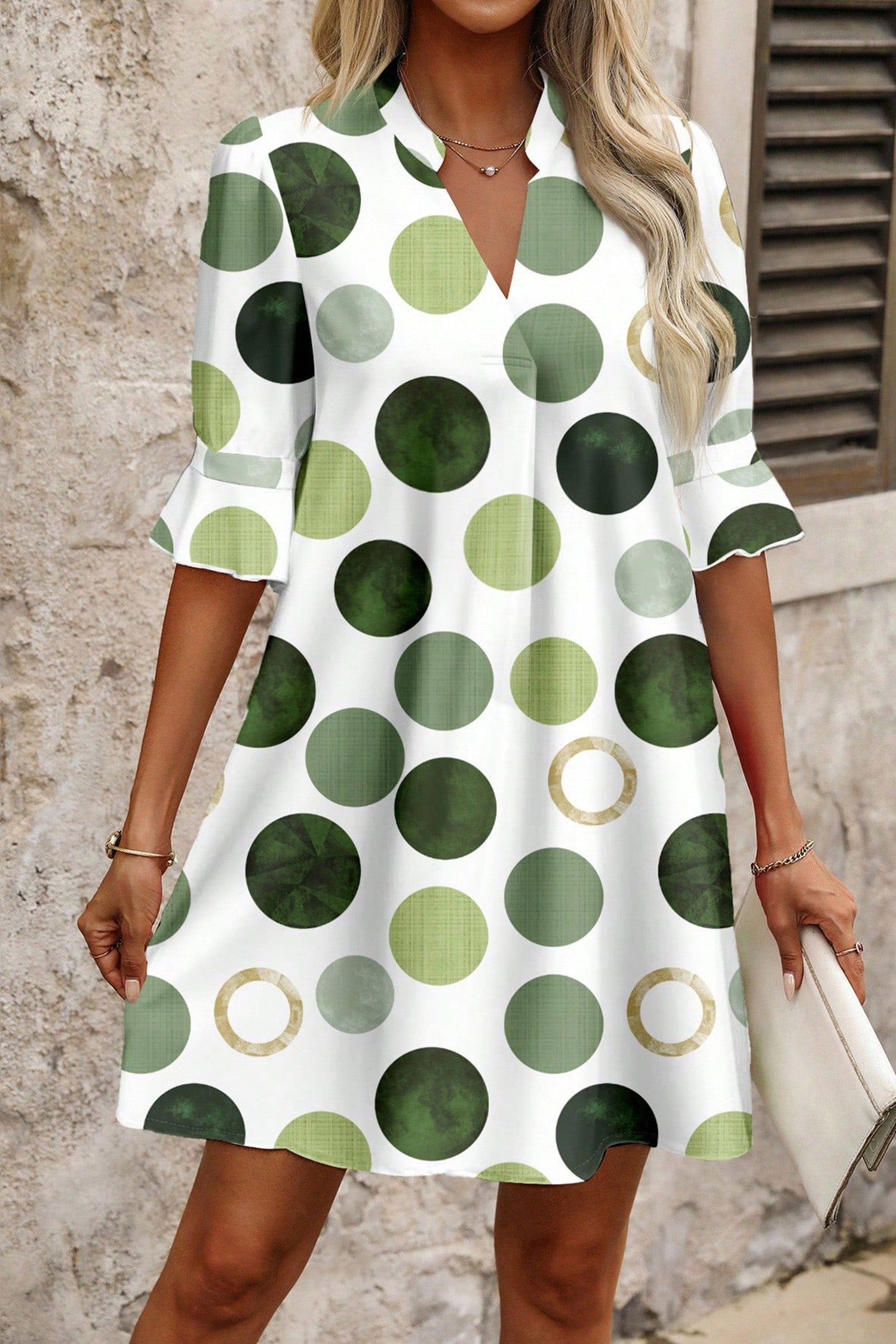 Polka Dot Print Flounced Half Sleeve Casual Vacation Style Mini Dress – Green