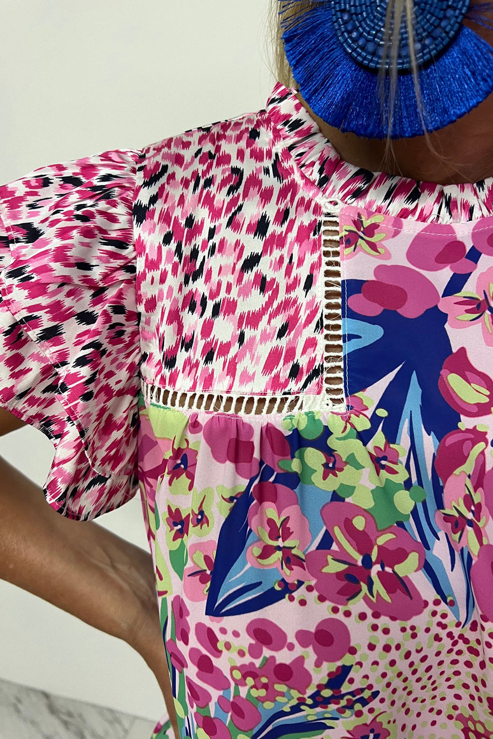 Pink Floral Mixed Print Ruffle Cap Sleeve Blouse eAura