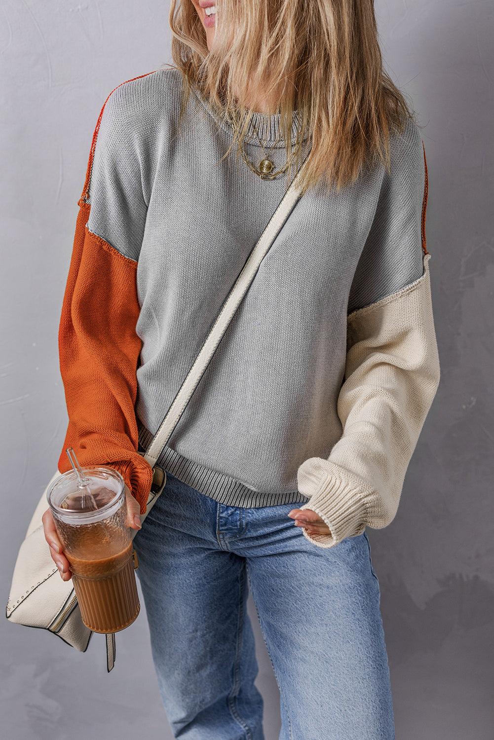 Pink Colourblock Bishop Sleeve Ribbed Trim Sweater eAura
