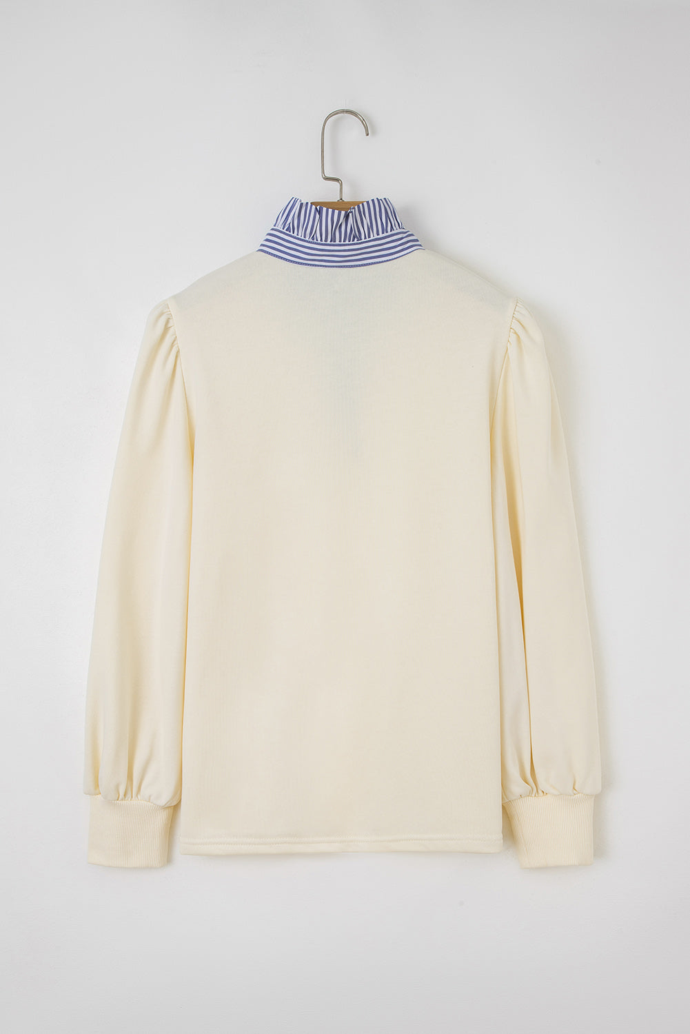 Button Striped Collar Patchwork Puff Sleeve Sweatshirt - eAura