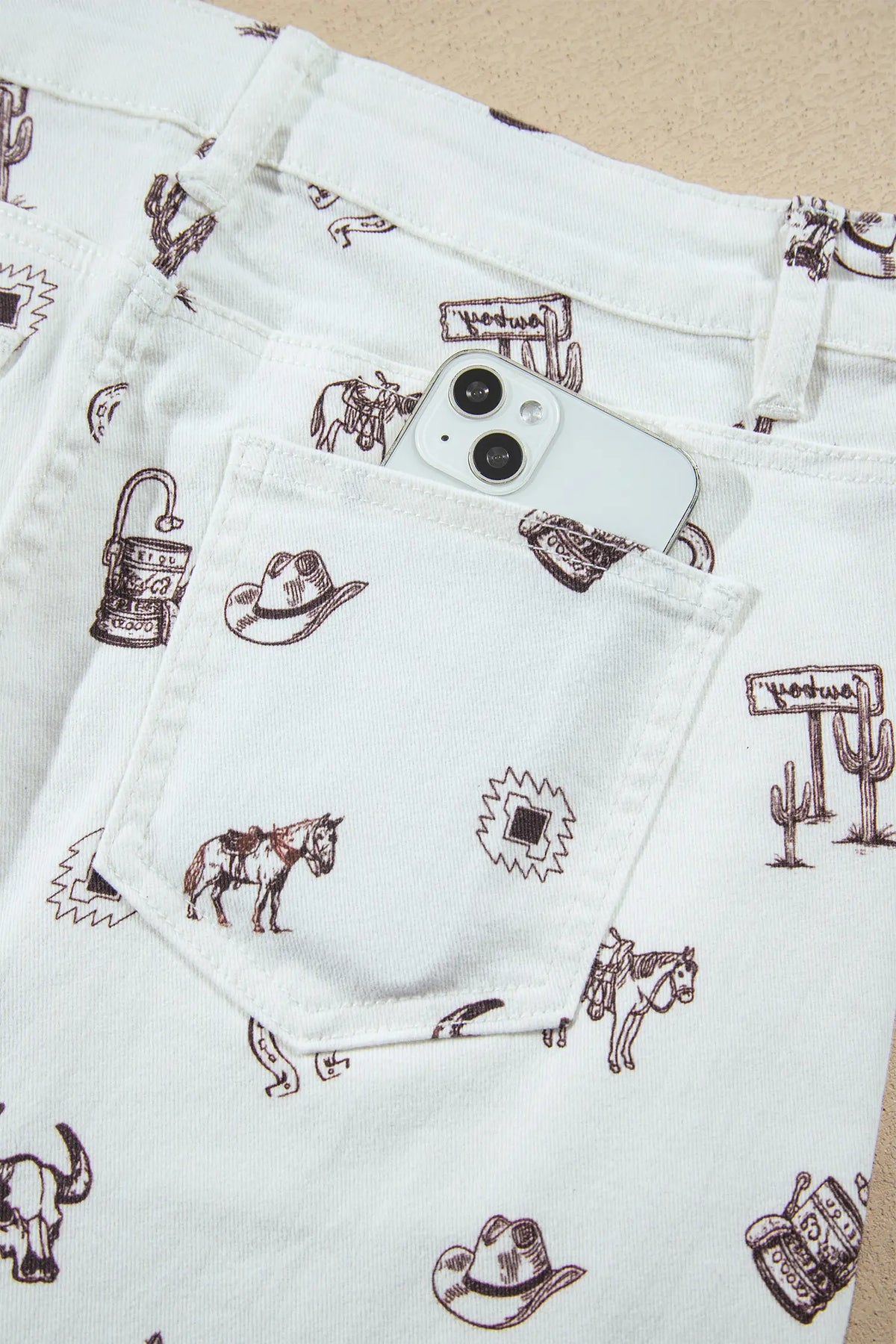 Western Print Cactus Horse Bull Denim Skirt – White