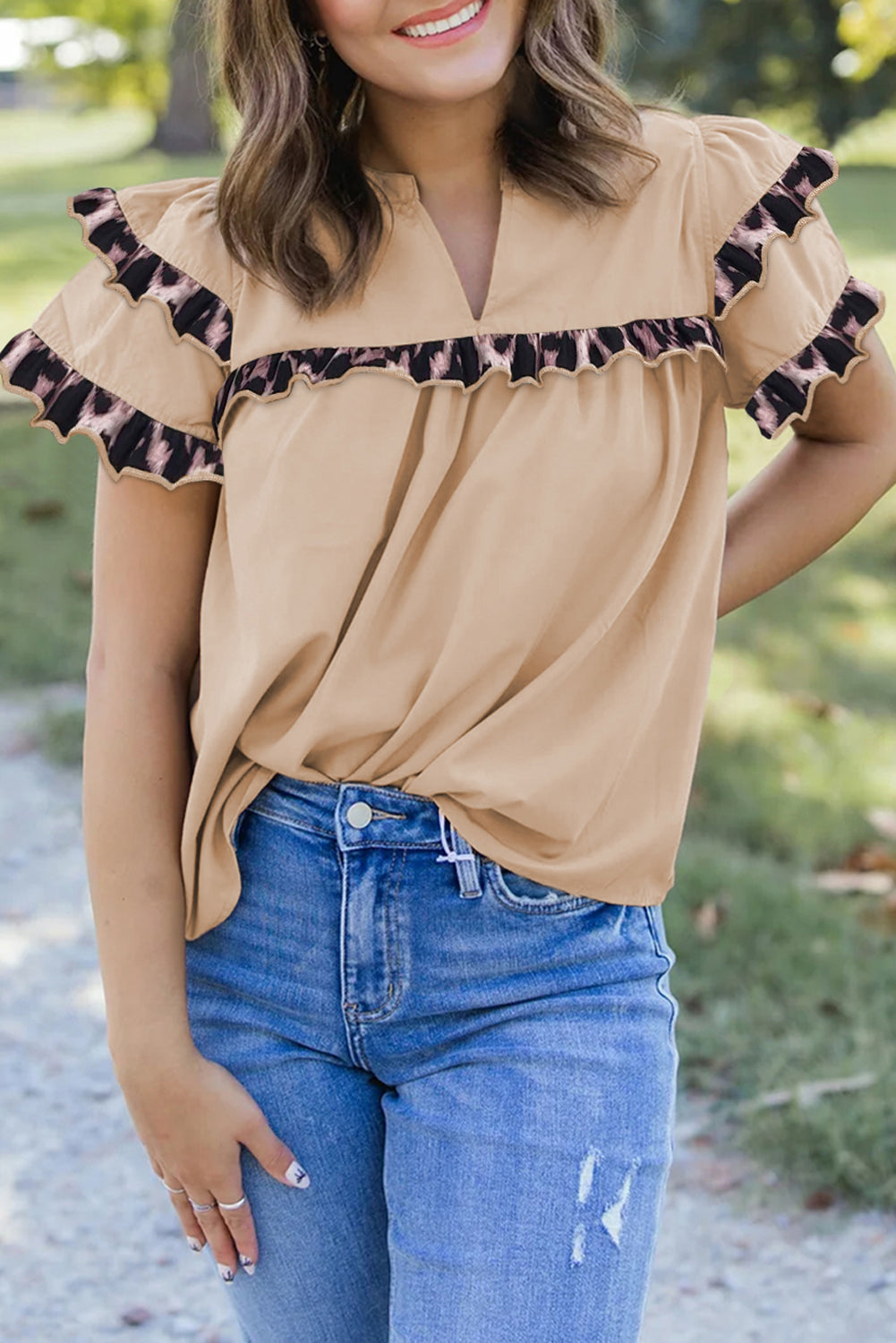 Smoke Grey Leopard Ruffles Trim Tiered Short Sleeve Blouse eAura