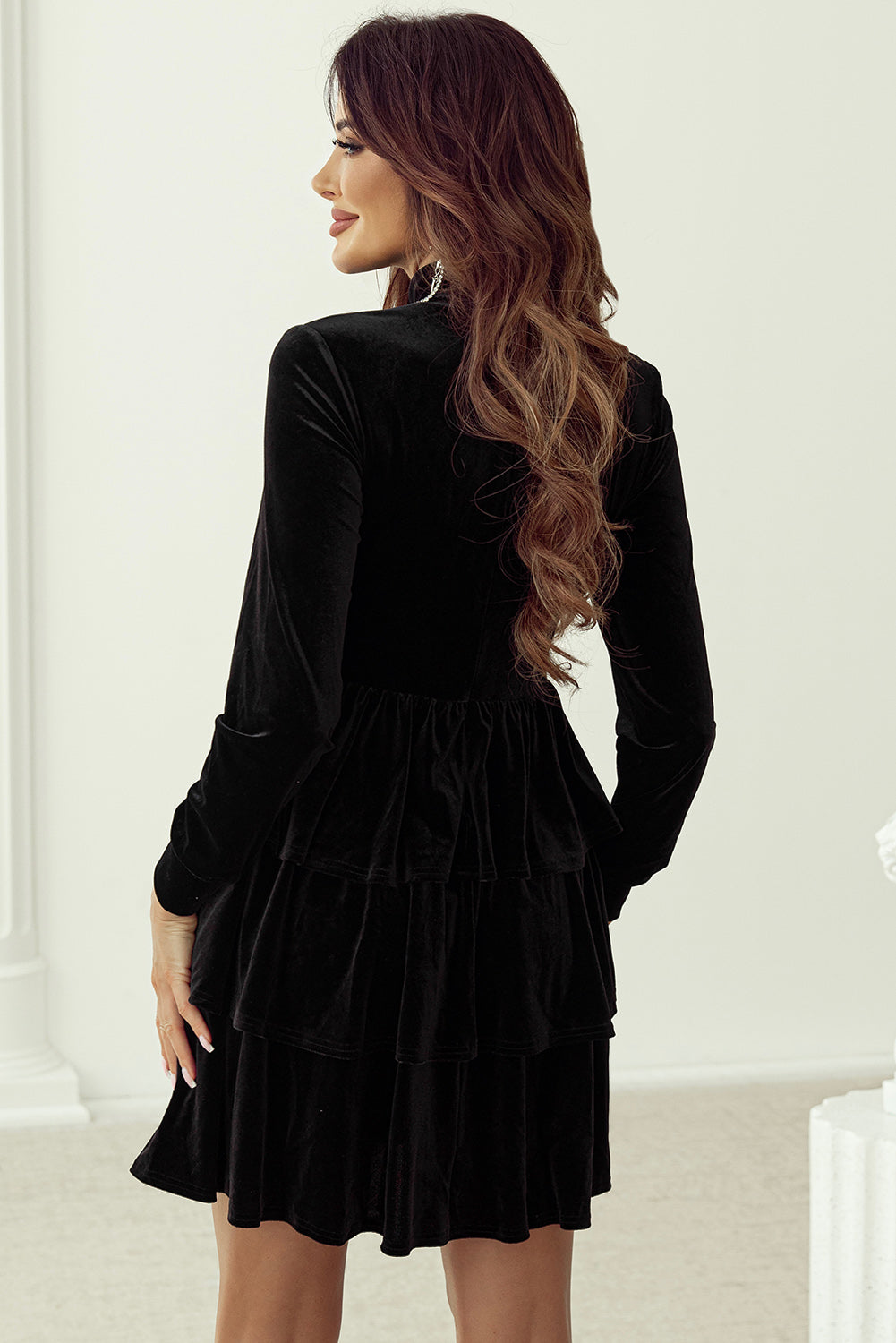 Evergreen Velvet High Neck Tiered Ruffle Mini Dress Beagle Boutique Fashion Outlet