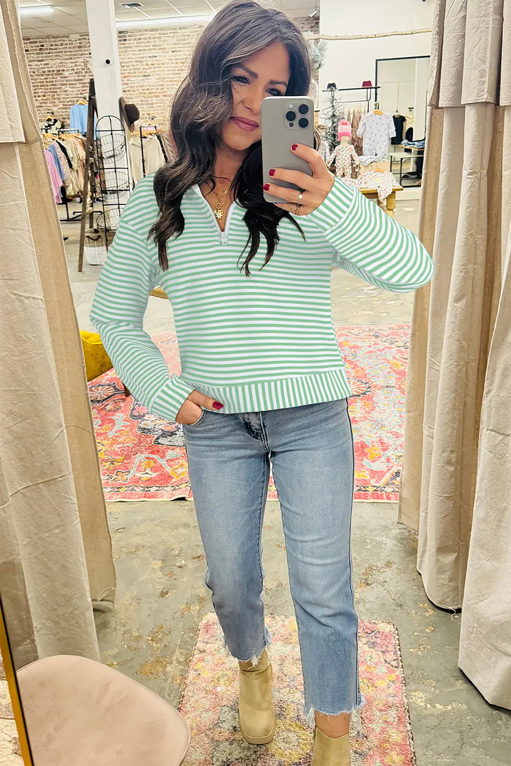 Striped Quarter Zip Collar Long Sleeve Top - Green / S - Tops/Long Tops