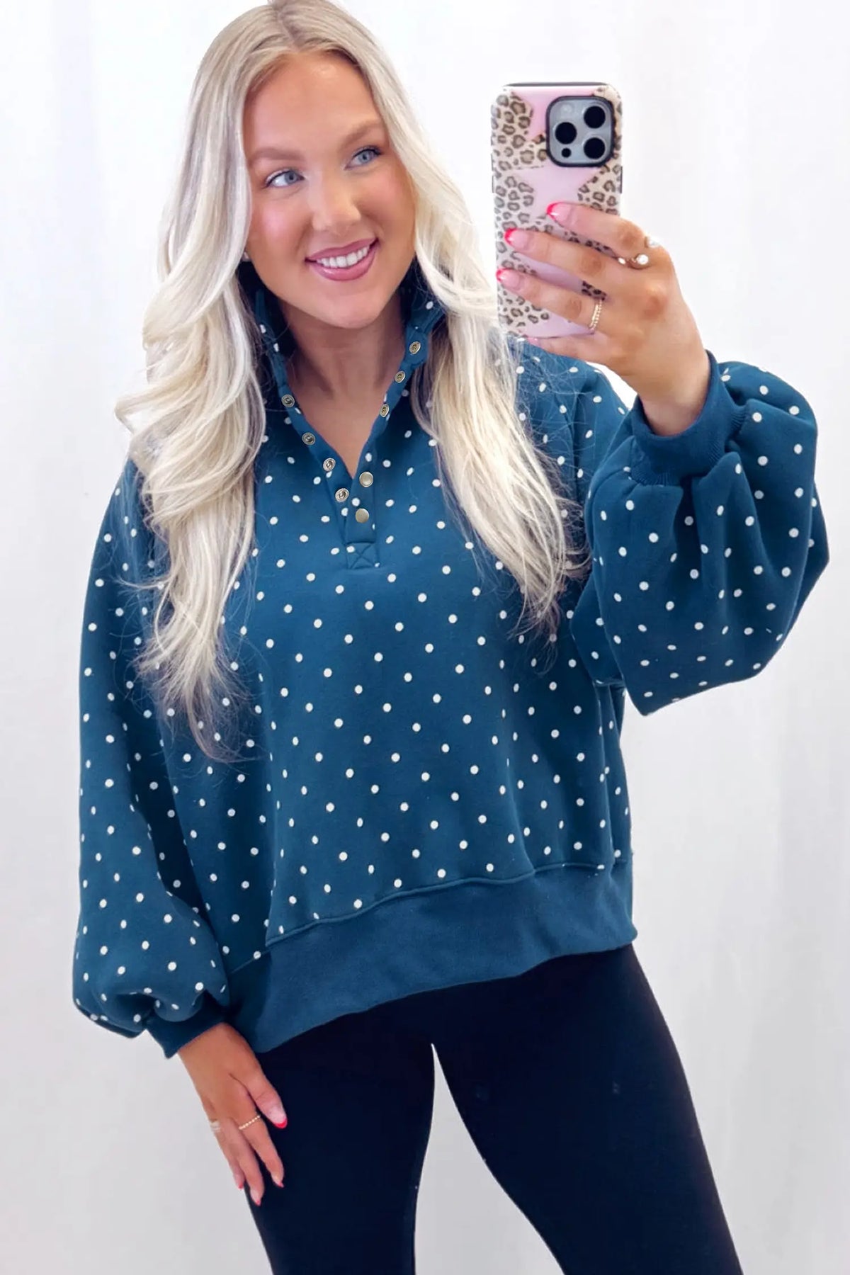 Polka Dot Print Metal Button Collar Casual Pullover Sweatshirt – Pink