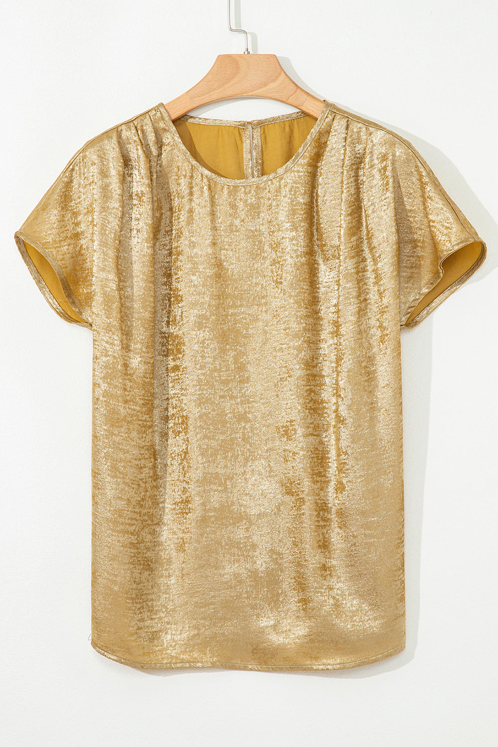 Gold Glossy Round Neck Pleated Detail Short Sleeve Blouse eAura