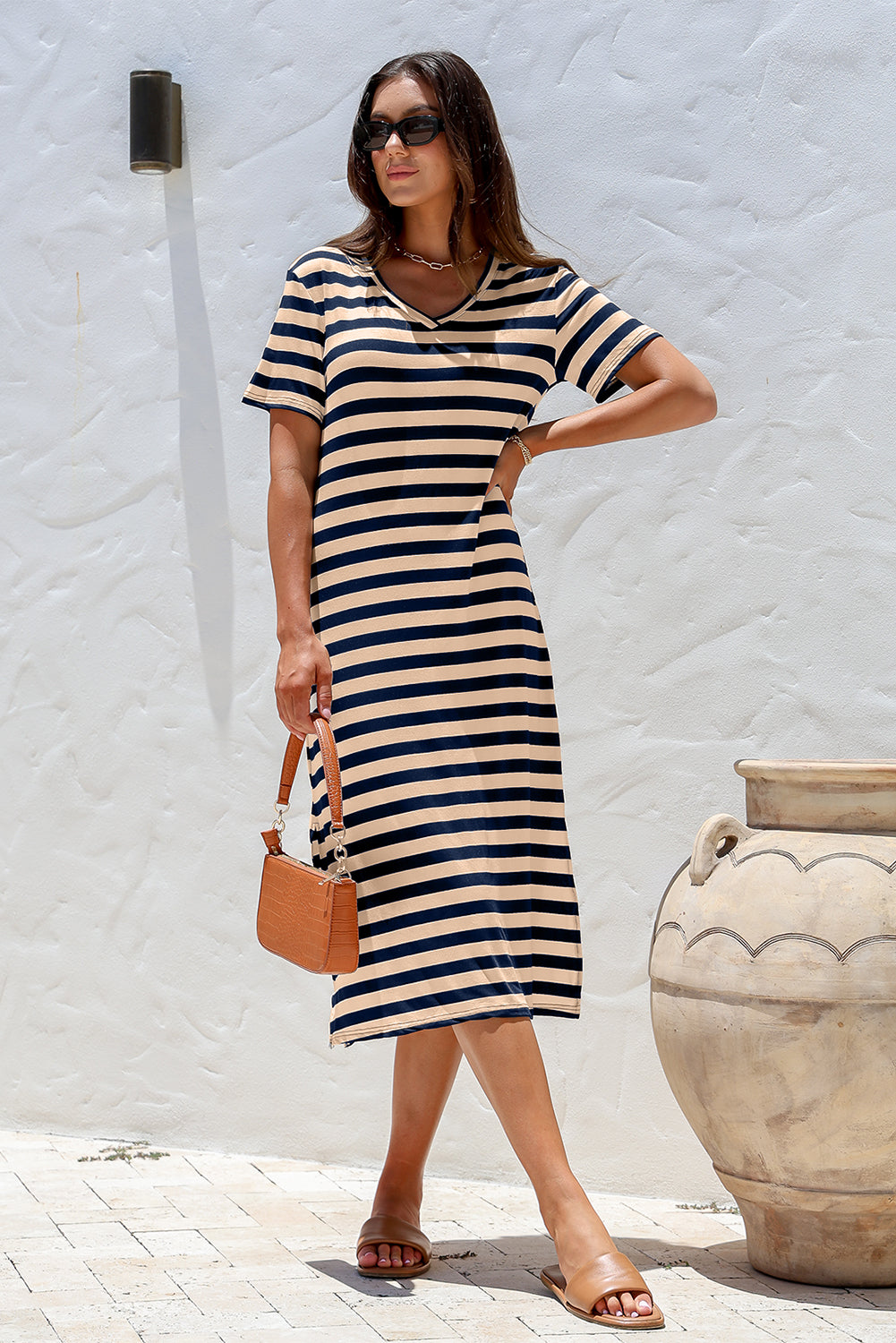 Black Stripe Print V-Neck Maxi Dress with Side Splits