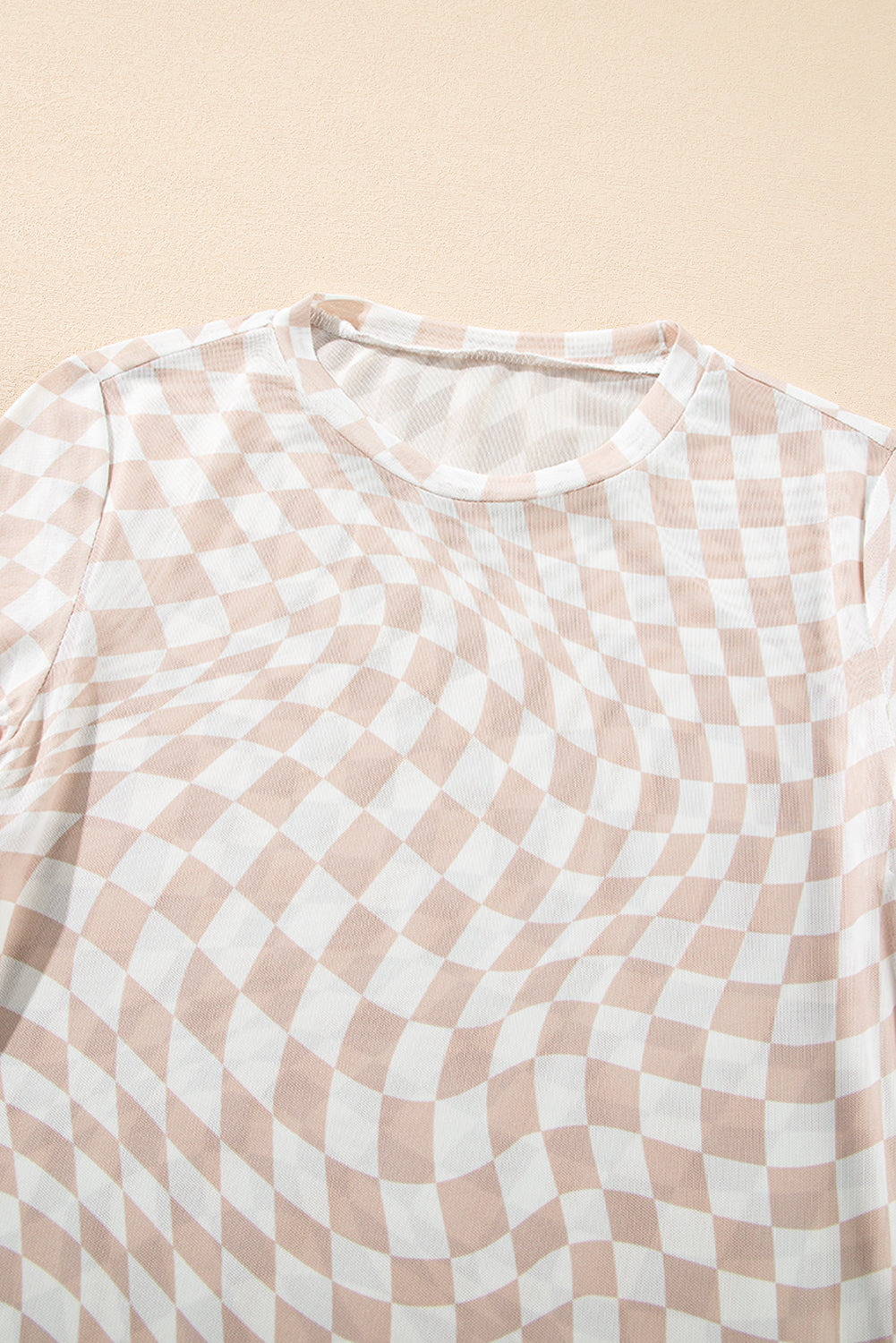 Khaki Checkered Pattern Mesh Mock Neck Long Sleeve Top eAura