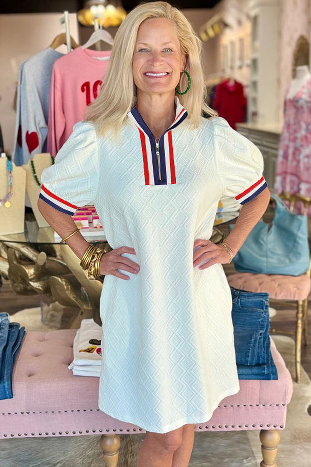 Jacquard Edge Puff Sleeve Quarter Zip Mini Dress eAura
