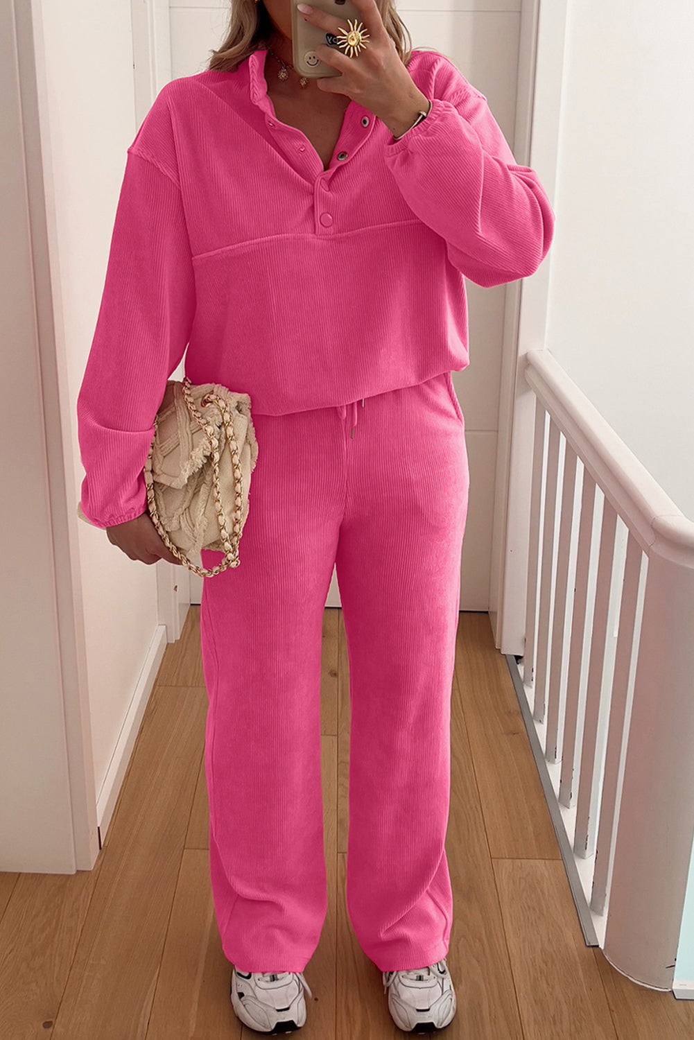Peach Blossom Half Button Pullover Drawstring Pants Solid Color Corduroy 2pcs Outfit Dear-Lover Dropshipping