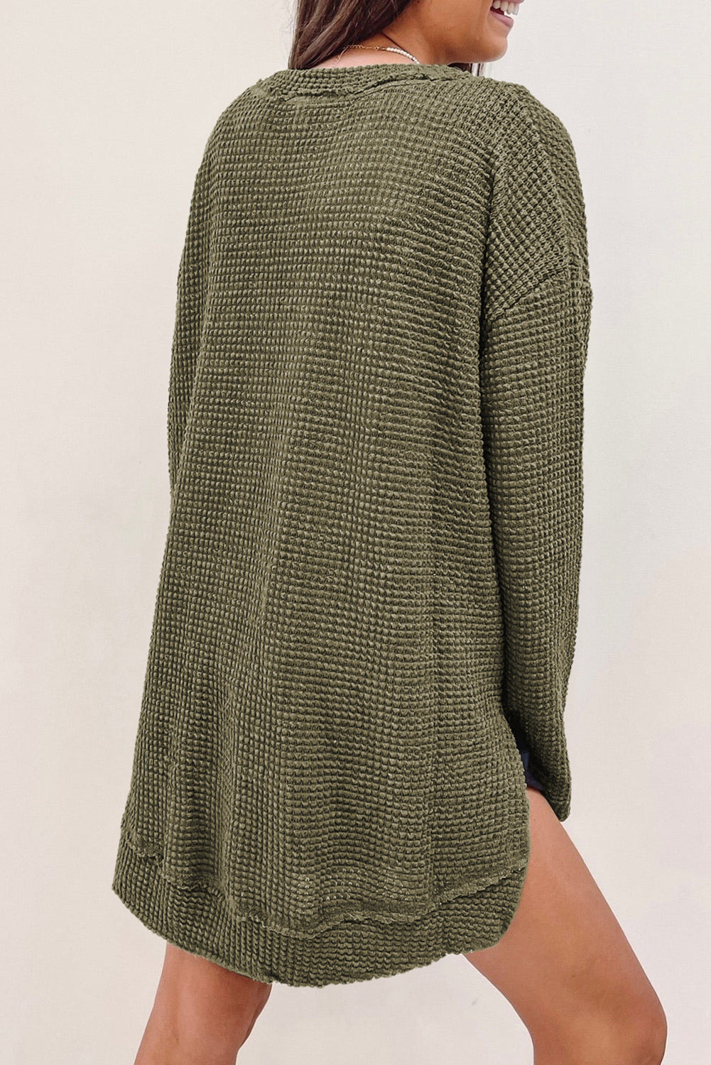 Khaki Waffle Knit High Slits Oversized Top - eAura