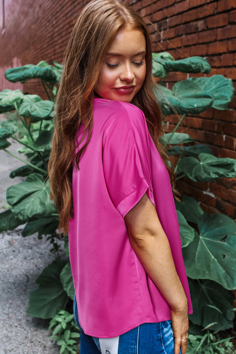Bright Pink Silky V Neck Dolman Blouse eAura