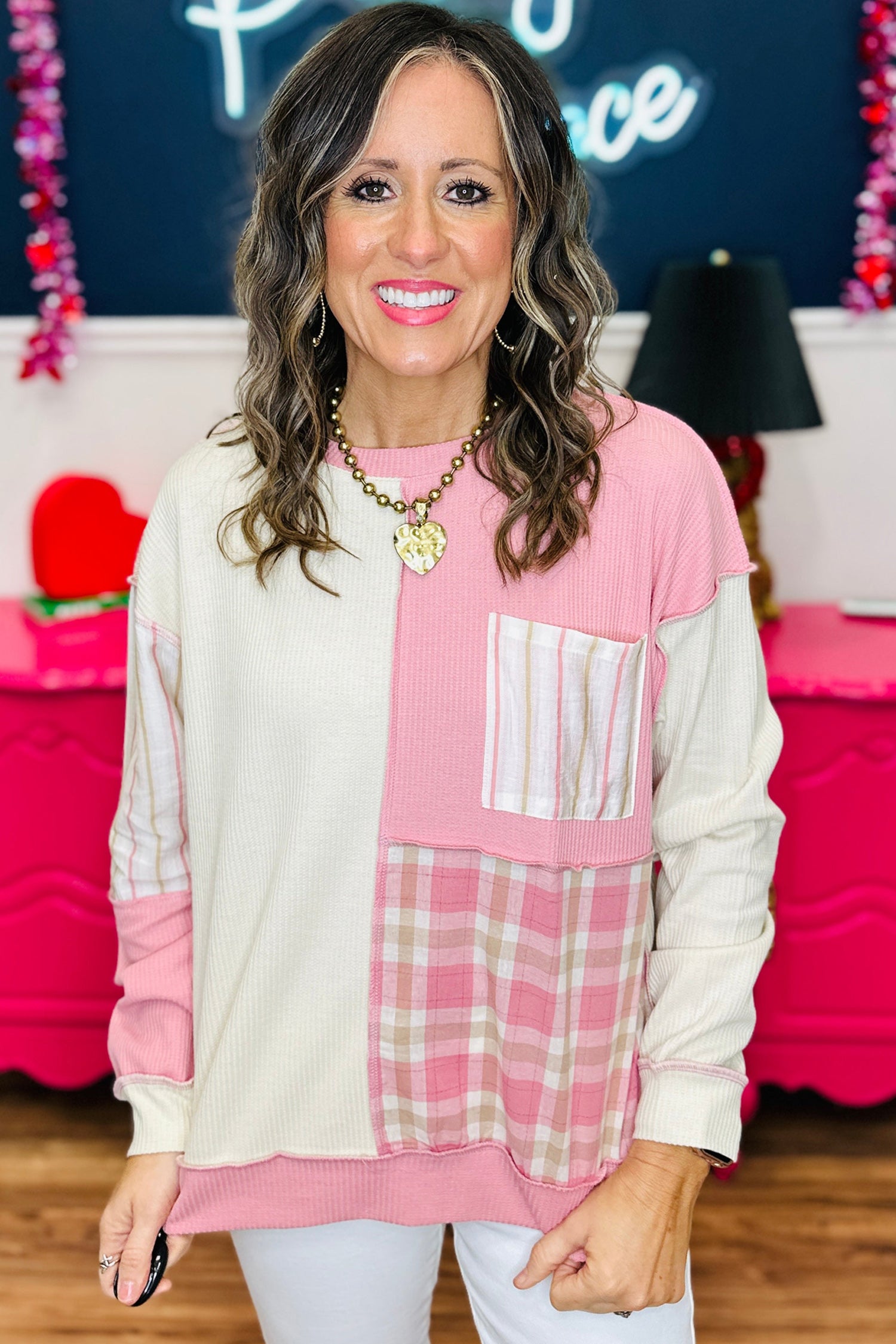 Colorblock Plaid Panel Long Sleeve Plus Size Blouse – Pink