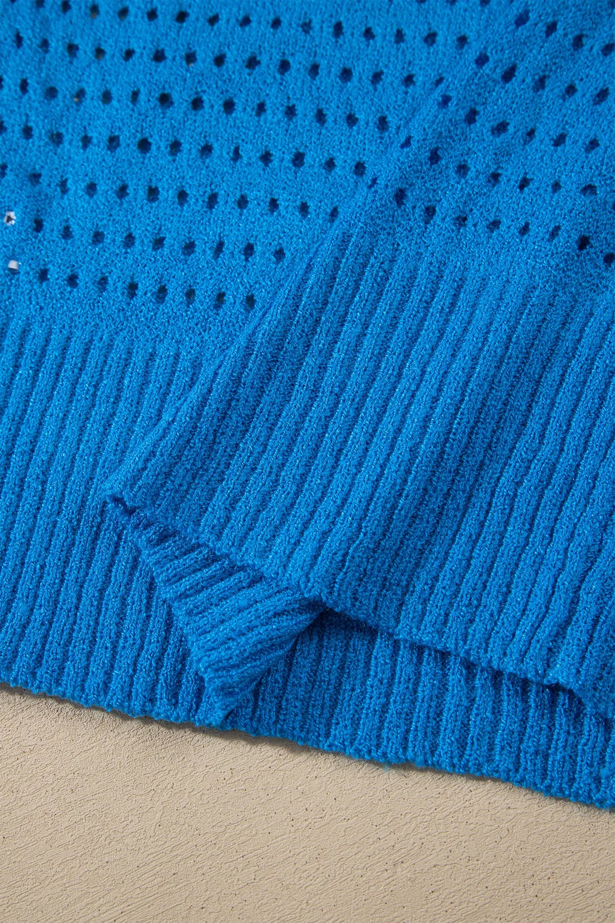 Sky Blue Solid Colour Hollowed Knit Short Sleeve Zipper Collar Knitwear Top – Light Blue
