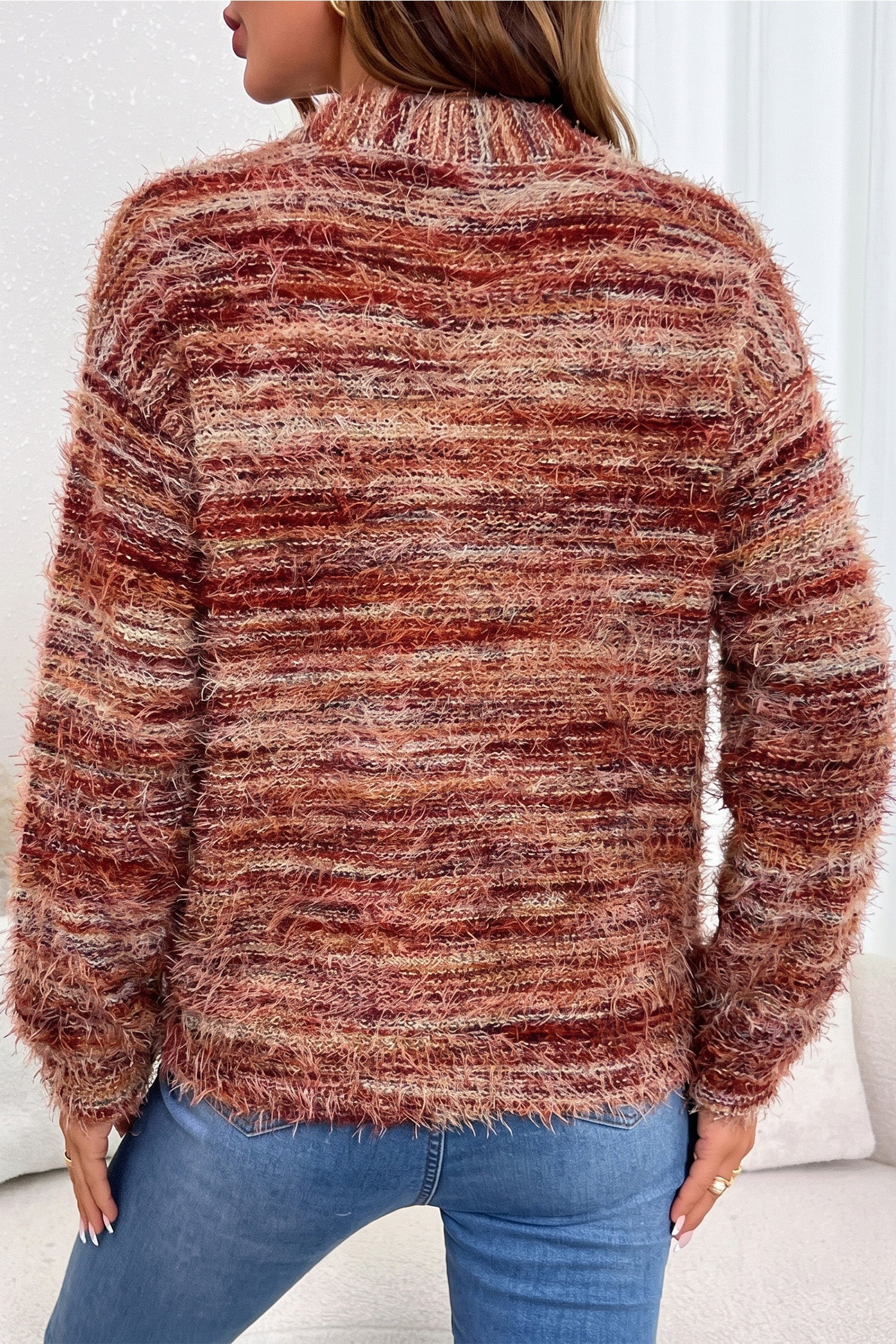 Fuzzy Striped Button Front Cardigan Sweater – Tawny